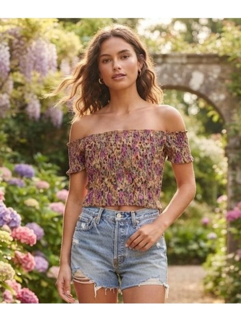 Women's - Raga Floral Smocked Off The Shoulder Crop Top, Size Medium